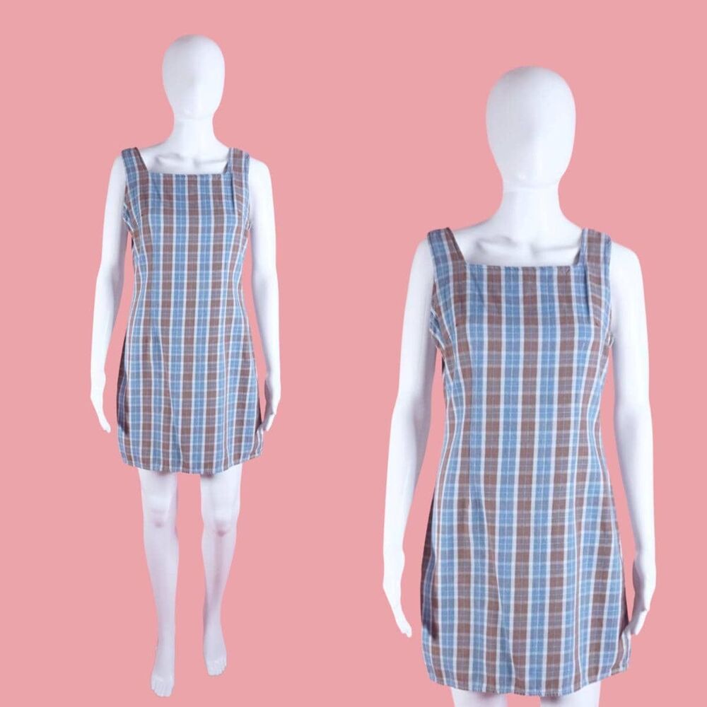 1990s SPOILED ROTTEN Blue, Brown, and White Plaid SHIFT Sleeveless Dress. Small